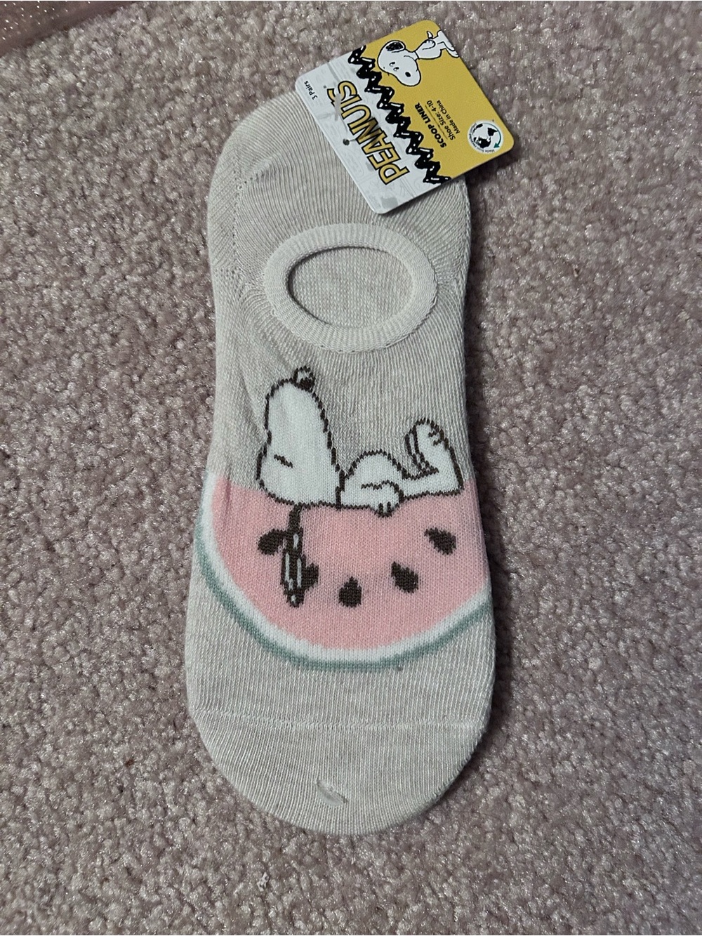 Peanuts Snoopy Watermelon No-Show Sock — Beige, Pink & Mint